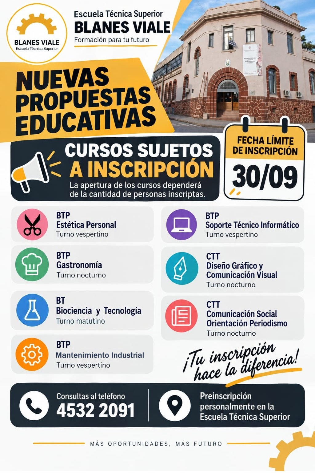 ¡ ATENCIÓN ! ….¡ PREINSCRIPCIONES PARA LA APERTURA DE CURSOS EN NUEVOS TURNOS !